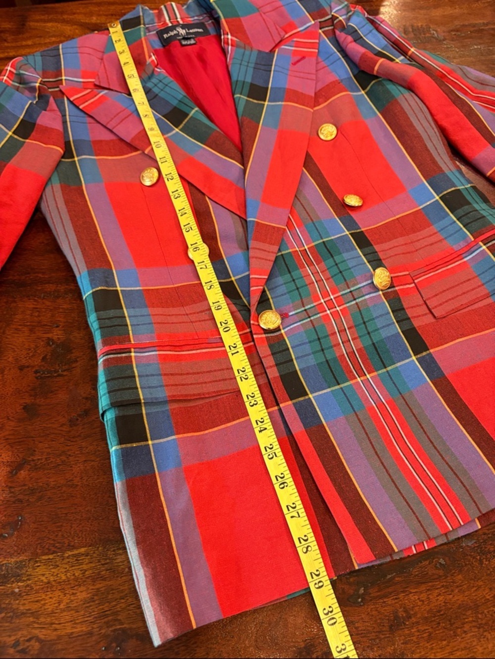 Vintage Ralph Lauren 80s Red Multi Plaid Double-Breasted Blazer Gold Buttons - Picture 15 of 16